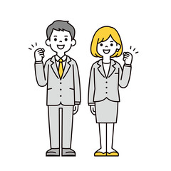 ガッツポーズをする、20代・30代のビジネスマンの男性と女性の全身ベクターイラスト素材セット