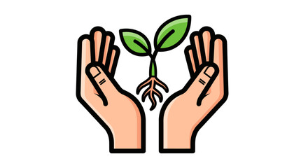 Hands holding a young green plant sprout with roots.