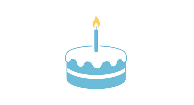 A simple blue two-layer birthday cake with white frosting and a single lit candle.