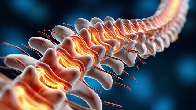 Spinal Cord Close-Up: An intricate view of the spinal cord, highlighting the complex anatomy and biological processes that govern bodily functions. 