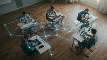 Students learning with laptops connected by a digital network - Powered by Adobe