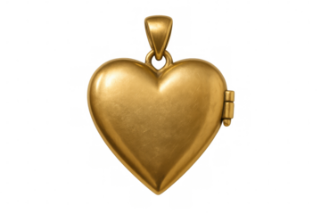 Golden heart shaped locket representing love, romance, and cherished memories on transparent background