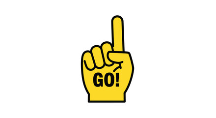 Yellow Foam Finger with GO Text Pointing Upward Cheering Gesture.