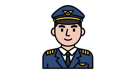 Cartoon Pilot in Uniform with Hat and Wings Emblem.