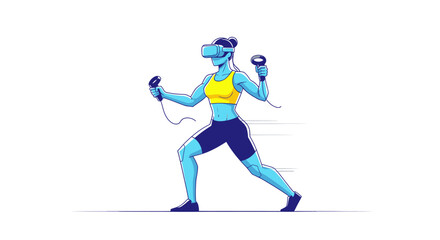Fototapeta premium Woman in Virtual Reality Headset Engaged in Fitness Activity with Controllers.