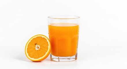 Fototapeta premium Fresh Orange Juice Glass and Half Orange: Isolated Healthy Citrus Drink