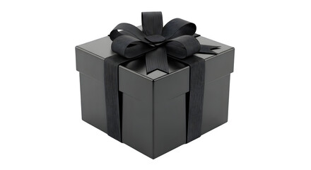 Isolated black gift box with bow and ribbon