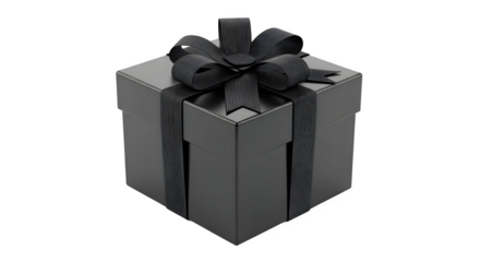 Isolated black gift box with bow and ribbon