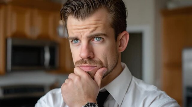 Introspective Reflection: A man, deep in thought, is thoughtfully considering the weight of important decisions, revealing the depth of human contemplation.