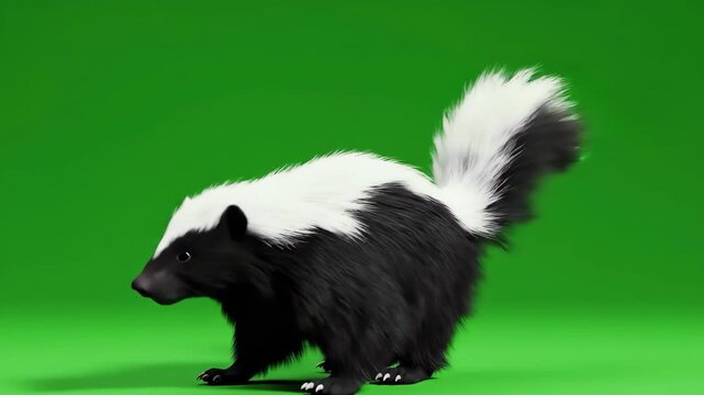 Striped skunk pose Black and white mammal on bright green background.
