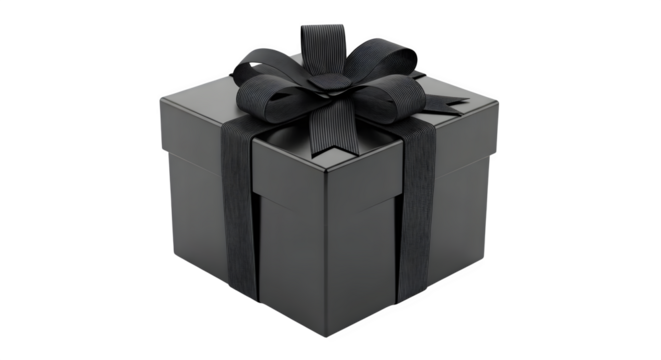 Isolated black gift box with bow and ribbon