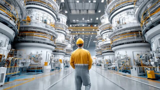 Vision of industrial grandeur: a solitary figure, clad in a safety attire, navigates the sprawling expanse of a manufacturing plant, showcasing the scale and sophistication of the operations.