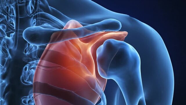 Human Shoulder Anatomy with Highlighted Pain Area in Medical Xray View.