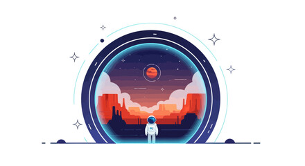 Astronaut gazes at alien planet landscape within a futuristic portal.