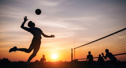 Silhouette of a person playing volleyball at sunset with net and other players visible in the background