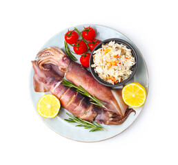 Raw squids, stuffing, rosemary, lemon and tomatoes isolated on white, top view