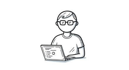 Hand-drawn illustration of a person with glasses working on a laptop.