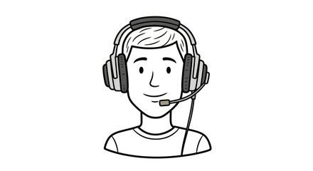 Cartoon Man with Headphones and Microphone Black and White Illustration.