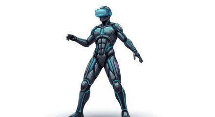 Futuristic person in VR headset and armored suit exploring virtual reality.