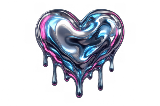 Melting chrome heart dripping with iridescent metallic liquid, abstract love concept on transparent background