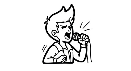 Energetic Cartoon Boy with Spiky Hair Passionately Singing into a Microphone.