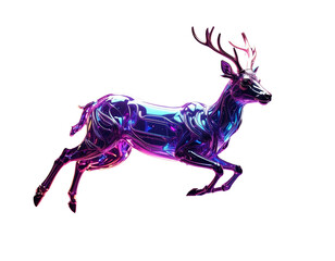 Obraz premium Abstract Iridescent Deer Figurine in Floating Pose with Particle Light Trails, Isolated PNG