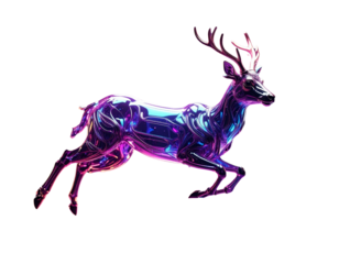Abstract Iridescent Deer Figurine in Floating Pose with Particle Light Trails, Isolated PNG