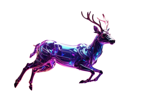 Abstract Iridescent Deer Figurine in Floating Pose with Particle Light Trails, Isolated PNG