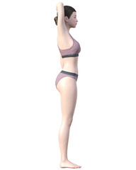 脱毛施術部位 腕を上げた日本人女性の3Dモデルの女性のイラスト 全身左横向き