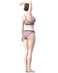 脱毛施術部位 腕を上げた日本人女性の3Dモデルの女性のイラスト 全身ななめ後ろ向き