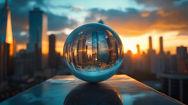 Stunning cityscape reflected in crystal ball at sunset creates a modern and captivating urban scene perfect for business concepts