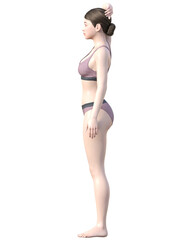 脱毛施術部位 腕を上げた日本人女性の3Dモデルの女性のイラスト 全身左横向き