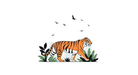 Vibrant illustrated tiger walking amidst green foliage with birds flying.