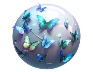 Angled Side View of Iridescent Butterfly Wall Sphere with Floating Glow, Isolated on Transparent Background
