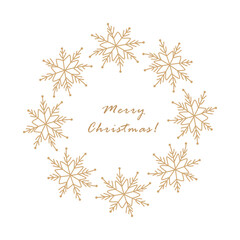 A round Christmas frame made of gold snowflakes. The inscription 