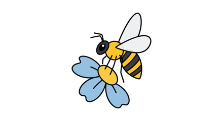 Cartoon Bee on a Blue Flower Pollinating with Black Stripes.