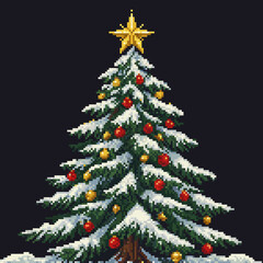 A pixelated Christmas tree decorated with ornaments and a golden star.