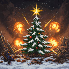 A Christmas tree stands amidst explosions and destruction, with a soldier in the foreground.