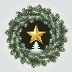 Christmas wreath framing a golden star and a white stylized fir tree against a dark background.