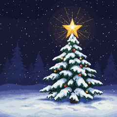 A snow-covered Christmas tree adorned with a star and ornaments stands in a snowy landscape under a starry night sky.