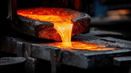 Molten Metal Pouring from Crucible in Foundry, Bright Orange Liquid Metal Flowing, Heavy Industry Scene Captured in High Detail
