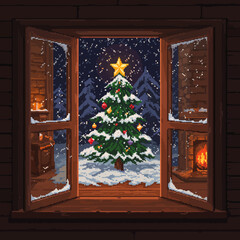 A pixelated view of a decorated Christmas tree seen through a window, snow falling.