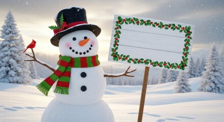 A cheerful snowman with a festive hat and sign stands in a snowy winter landscape.