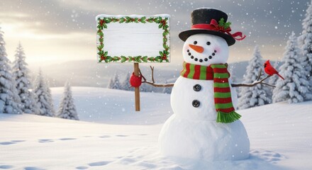 A snowman with a top hat and scarf holding a blank sign in a snowy winter landscape with a cardinal.