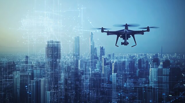 Futuristic drone surveying cityscape with dynamic digital overlay for innovative technology and urban planning projects in a connected world