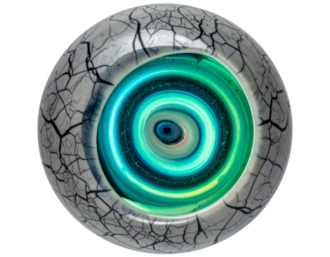 Aurora Glow Ceramic Sphere Cracked Reveal, Top-Down Angle, Isolated on Transparent Background