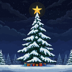 Pixel art Christmas tree covered in snow, topped with a star, with gifts underneath, set against a night sky.