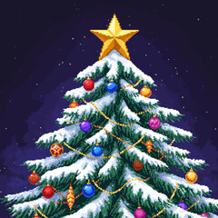 Pixelated Christmas tree adorned with ornaments and a golden star, snowing.