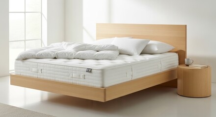 A bright, modern bedroom featuring a comfortable bed with pillows and bedding.