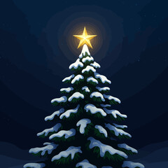 A Christmas tree covered in snow, topped with a bright golden star, set against a dark blue night sky.